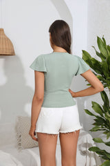 V-neck Slim Knit Short Sleeve Ruffled T-shirt