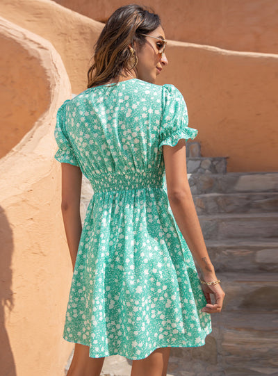 V-neck Print Bubble Sleeve High Waist Dress
