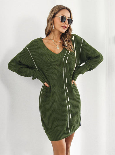 Drawstring V-neck Long Sleeve Sweater Dress