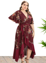 V-neck Ruffled Irregular Printed Dress