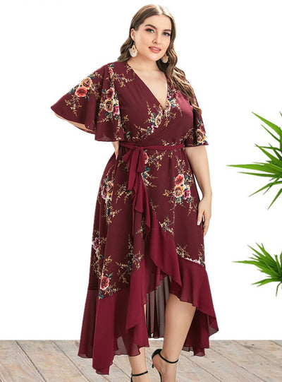 V-neck Ruffled Irregular Printed Dress