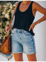 Five-point Holes Curling Edges Denim Shorts