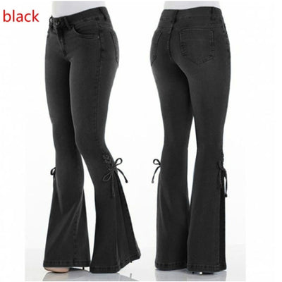 Elastic Horn Denim Pants Middle Waist Strap