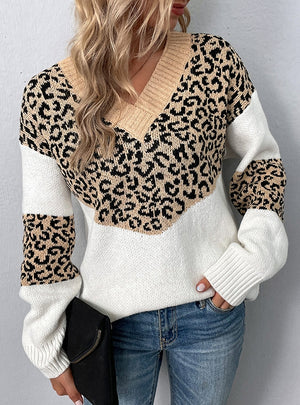 V-neck Pullover Color-bump Leopard Sweater