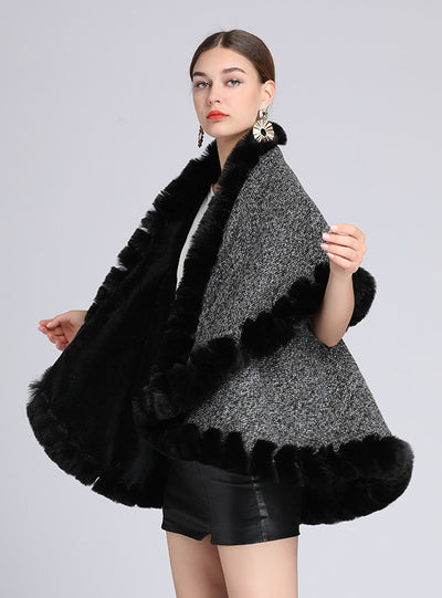 Wool-padded Faux Rex Rabbit Fur Collar Shawl Cape Loose