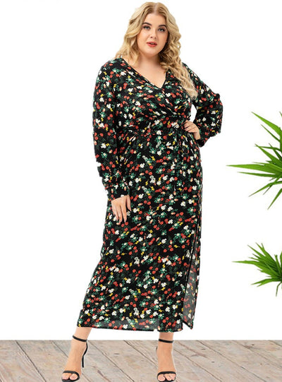 Large Size Long Sleeve Floral Split Dress
