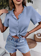 Short Sleeves Wooden Ears Cotton Blouse