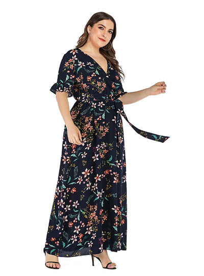 Ladies V-neck Printed Trumpet Sleeve Dress