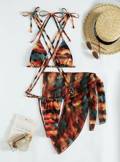 Gradual Printing Net Skirt Three-piece Swimsuit