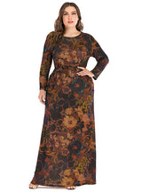 Printed Round Neck Long Sleeve Pocket Dress