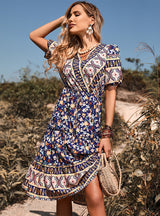 Blue Short Sleeve Printed V-neck Dress