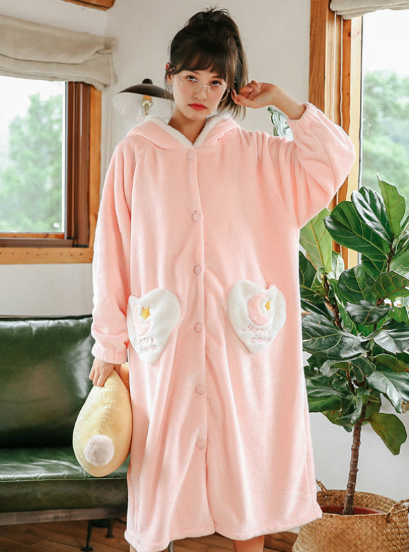 Pink Long Sleeve Heart Pocket Thickened Flannel Cartoon