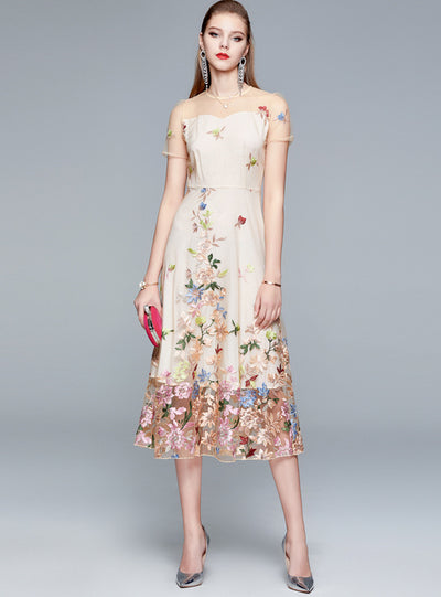 Round Neck Mesh Embroidered Flower Dress