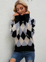 Collar Plaid Color Matching Knitted Loose Sweater