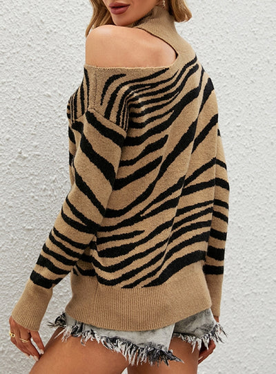 Women High Neck Pullover Tiger Sweater