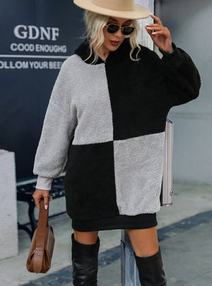 Long Sleeve Hooded Color Matching Fleece Top