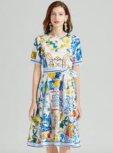Porcelain Printed Stitching Round Neck Dress