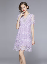 Beaded Embroidered Lace V-neck Short Sleeve Dress