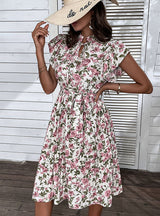 Casual Pleated Lace-up Print Dress