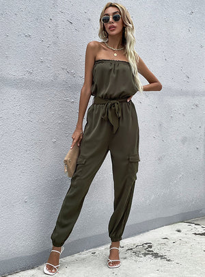 Straight-necked Lace-up Trousers Jumpsuit