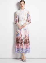 Bohemian Lapel Waist-exposed Hollow Print Long Dress
