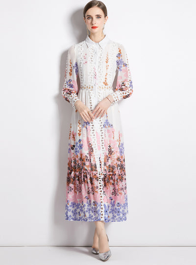 Bohemian Lapel Waist-exposed Hollow Print Long Dress