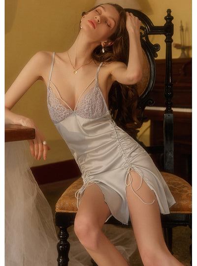 Sexy Ice Silk Drawstring Split Sling Nightgown