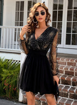 V-neck Stitching Mesh Waist Sequined Bubble Sleeve Dress