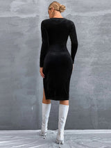 Sexy Slit Slim Square Neck Long Sleeve Velvet Dress