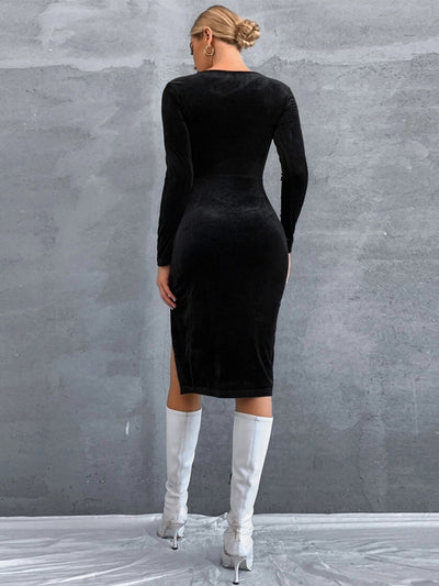 Sexy Slit Slim Square Neck Long Sleeve Velvet Dress