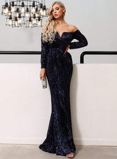 Sexy Off Shoulder Sequins Long Sleeve Trailing Dress