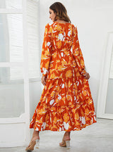 V-neck High Waist Print Irregular Split Dress