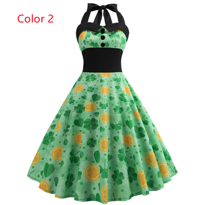 Retro Sleeveless Four-leaf Clover Print Dress