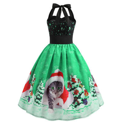 Retro Christmas Printed Halter Dress