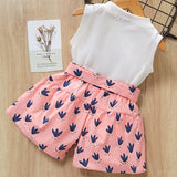 Girls Bow Cotton T-shirt+Printed Shorts Two-piece Set