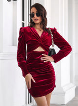 Velvet Kinked Bubble Sleeve Pleated Dress