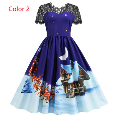 Christmas Short Sleeve Printed Lace Stitching Dress