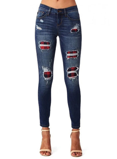 Leopard Print Hole Patch Elastic Feet Jeans