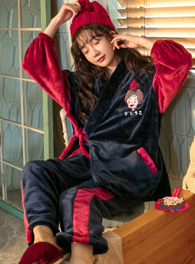 Japanese Flannel Kimono Pajamas Cartoon Strawberry Velvet