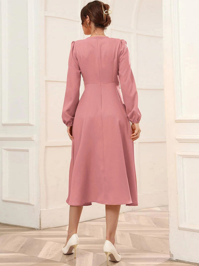 Bubble Sleeve Belt V-neck Long-sleeved Dress
