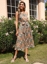 Sleeveless Lace-up Neck Pleated Print Dress