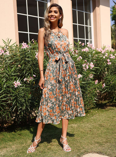 Sleeveless Lace-up Neck Pleated Print Dress