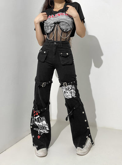 Printed Slit Pockets Straight Pants Jeans