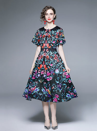 Printed Lotus Leaf Sleeves Dress