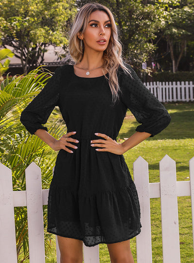 Loose Round Neck Stitching Perspective Pleated Dress