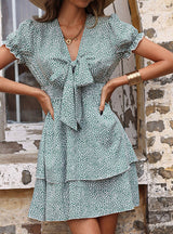 Printed Cake Skirt Bow V-neck Dress