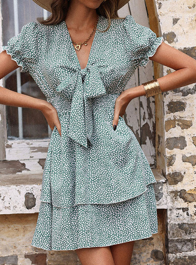 Printed Cake Skirt Bow V-neck Dress