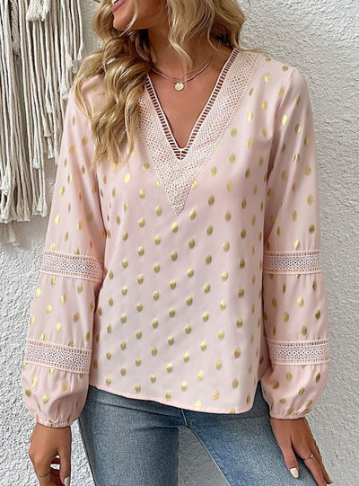 Bronze Polka Dot Long Sleeve V-neck Shirt