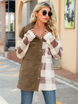 Plush Lapel Long Sleeve Spliced Flannel Plaid Coat