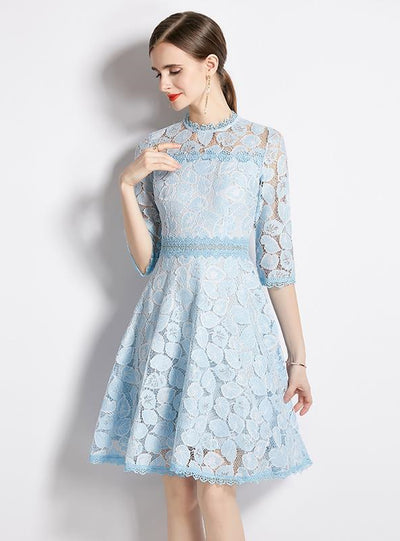 Blue Lace Stitching 3/4 Sleeve Dress